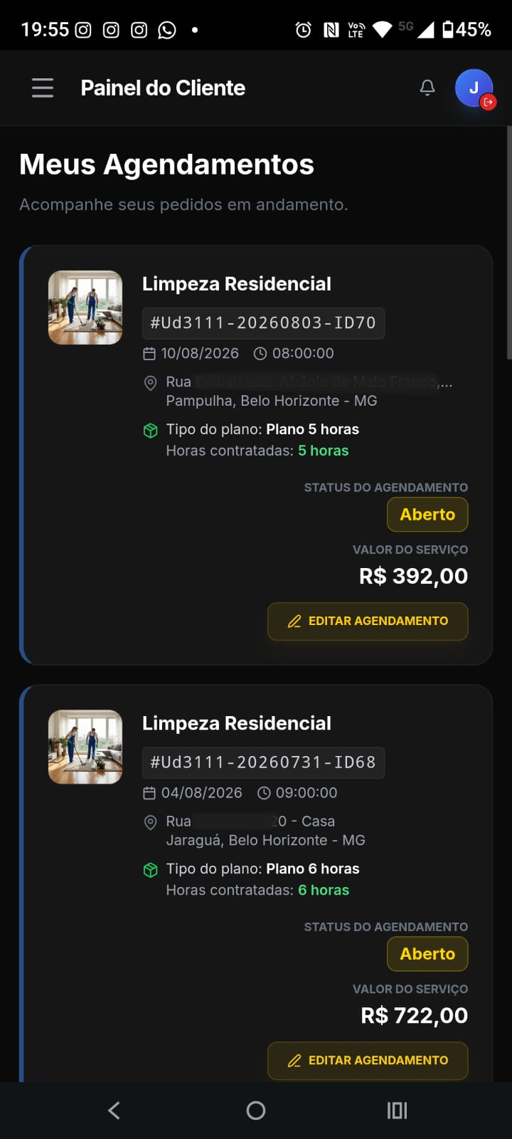 AgendaService — Meus Agendamentos no app do cliente