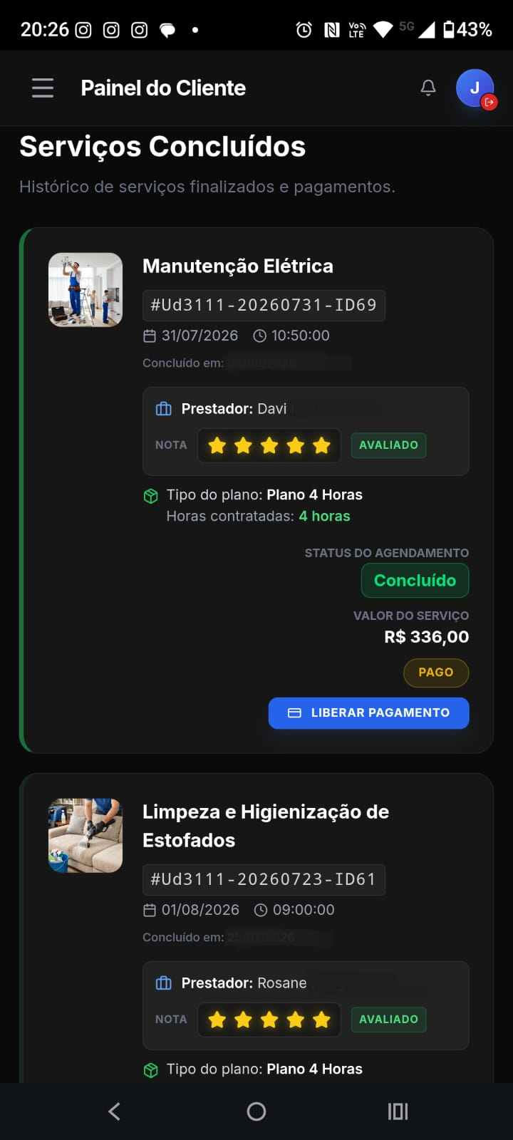 Painel do cliente AgendaService — serviços concluídos, avaliações e pagamentos