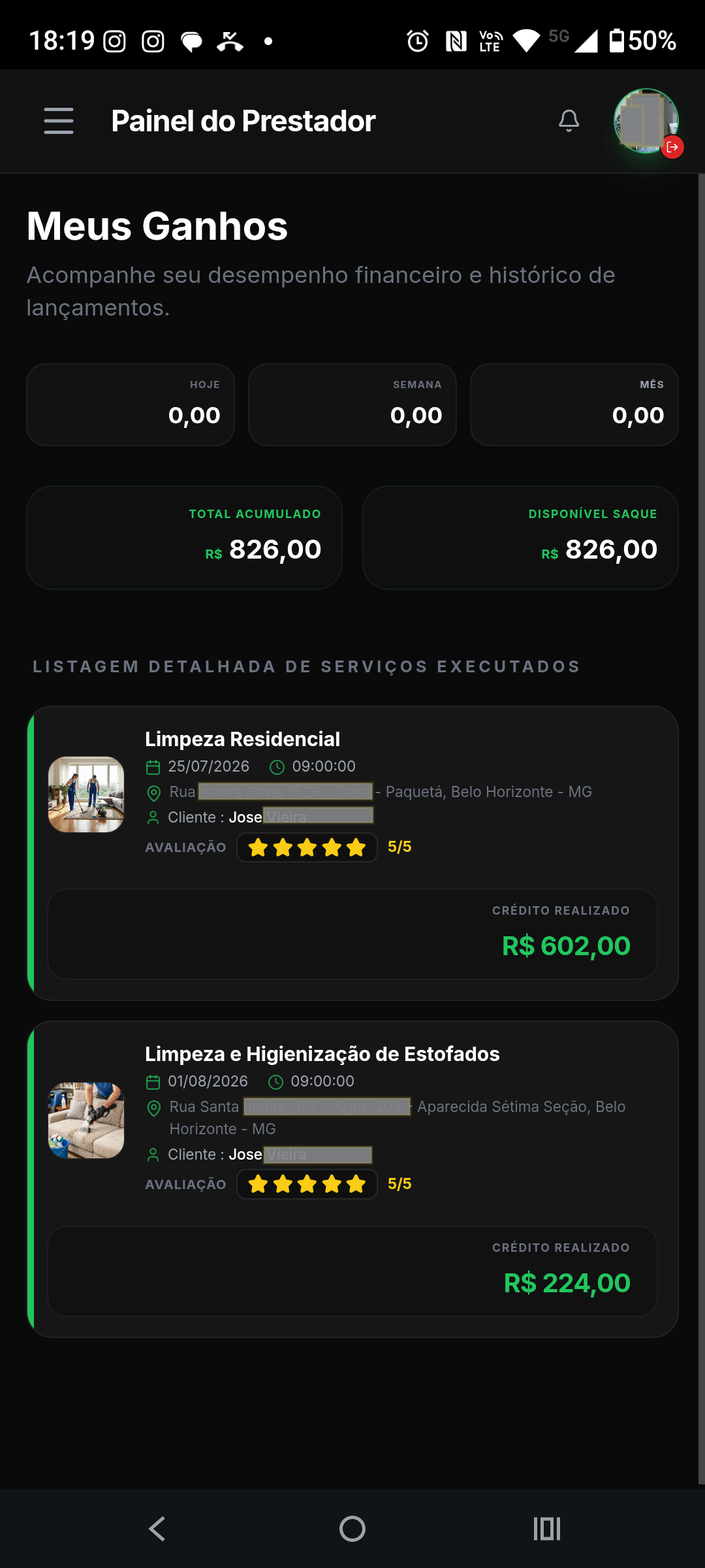 Painel do prestador AgendaService — resumo de ganhos e valores recebidos